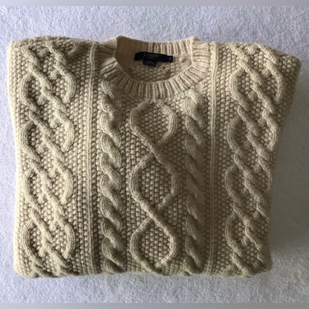 J Crew M XXL Handknit 100% Lambs Wool Cable Knit Fisherman Sweater in Ivory